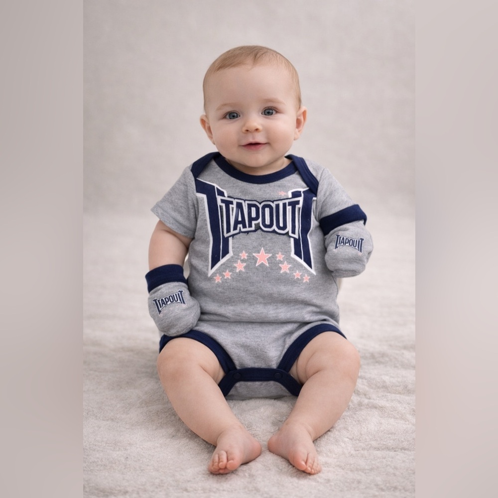 Tapout Baby Bodysuit Set w/ Mittens – Gray & Navy | 3–6 Months | NWT